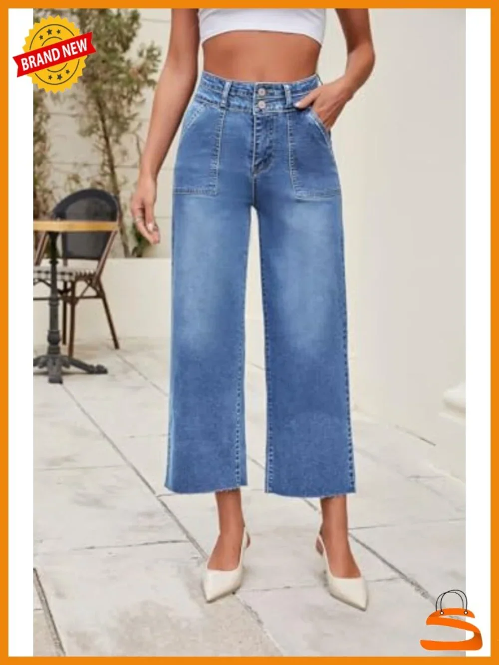 Womens High Rise Two Button Closure Cropped Wide Leg Jeans with Slip Pockets